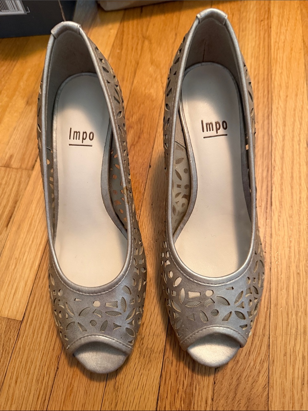 Impo Silver Laser-Cut Peep-Toe Heels